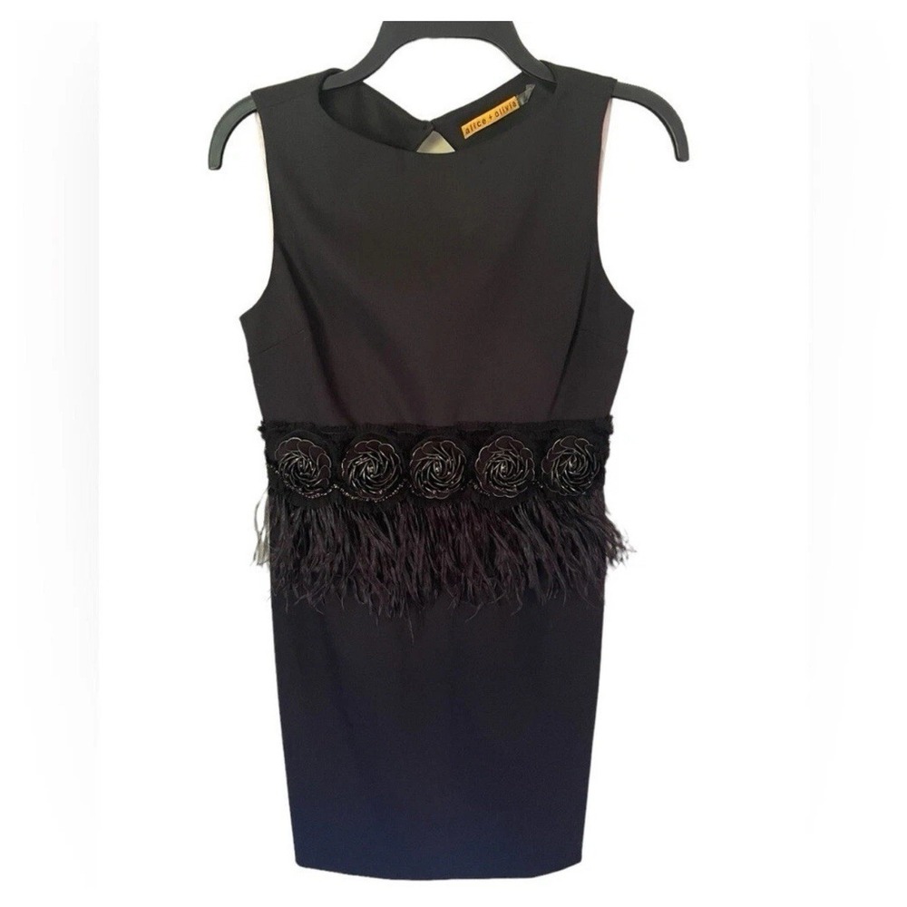 Alice+Olivia Marigay Rosette Shift Black Feather Mini Cocktail‎ Dress Size 2